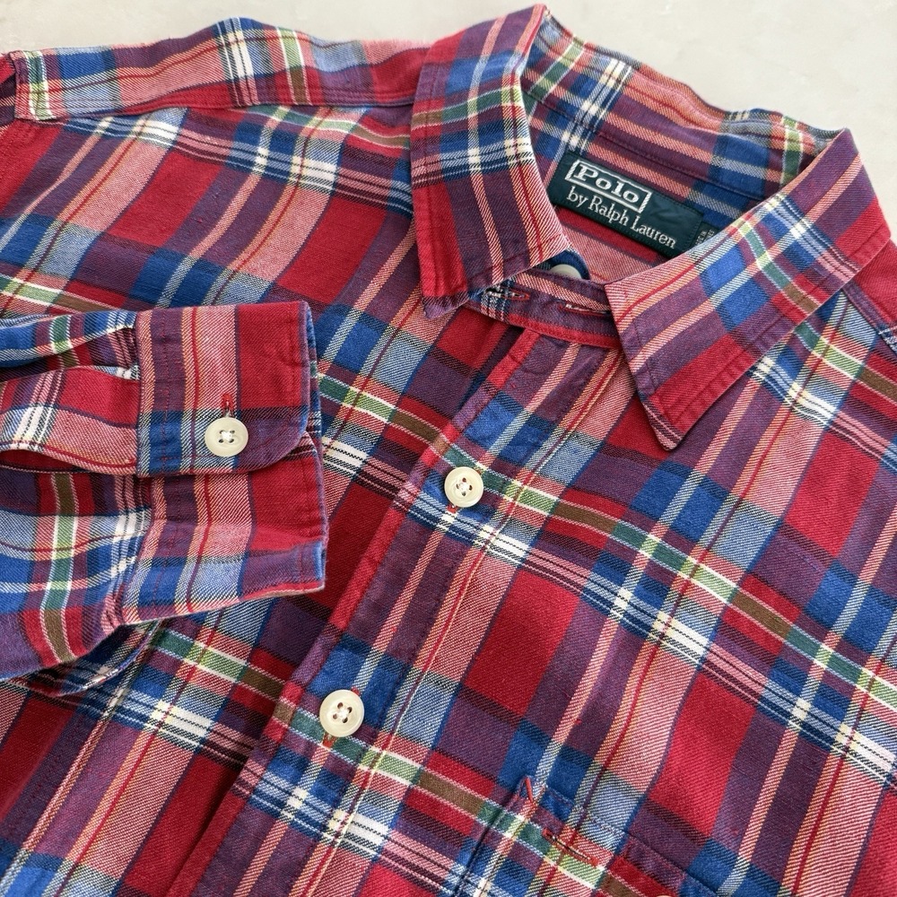 Polo‎ Ralph Lauren Blue/Red Plaid Cotton Mens Shirt XL Tab Closure Casual